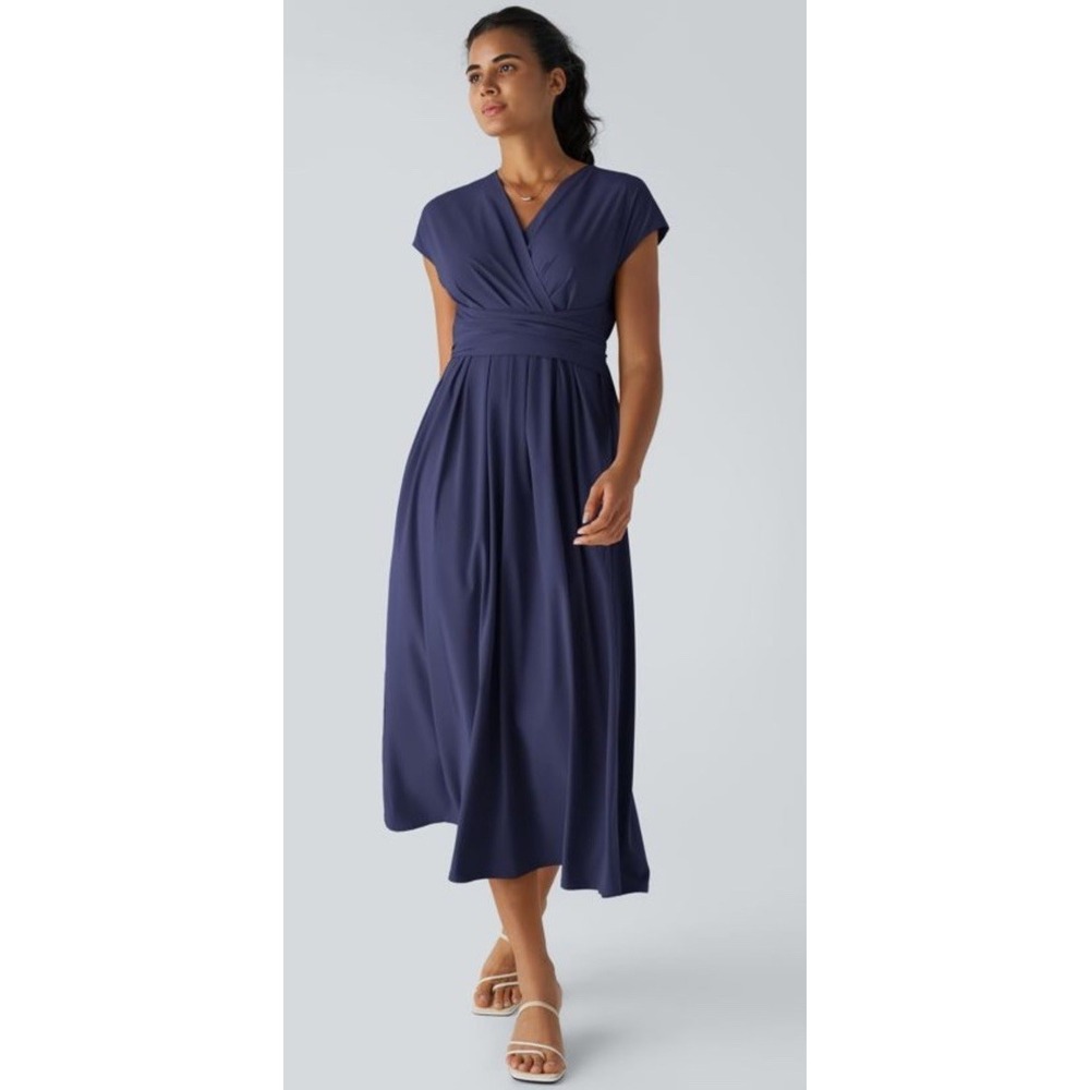 NWT Halara Breezeful V Neck Short Sleeve Pocket Tie Back Navy Midi Dress XL